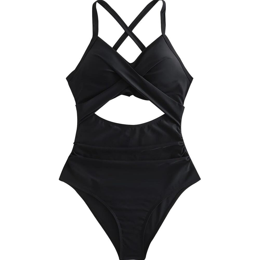 NEW Black One-piece Dramatic Criss-Cross Twist front & Lg cut-out details